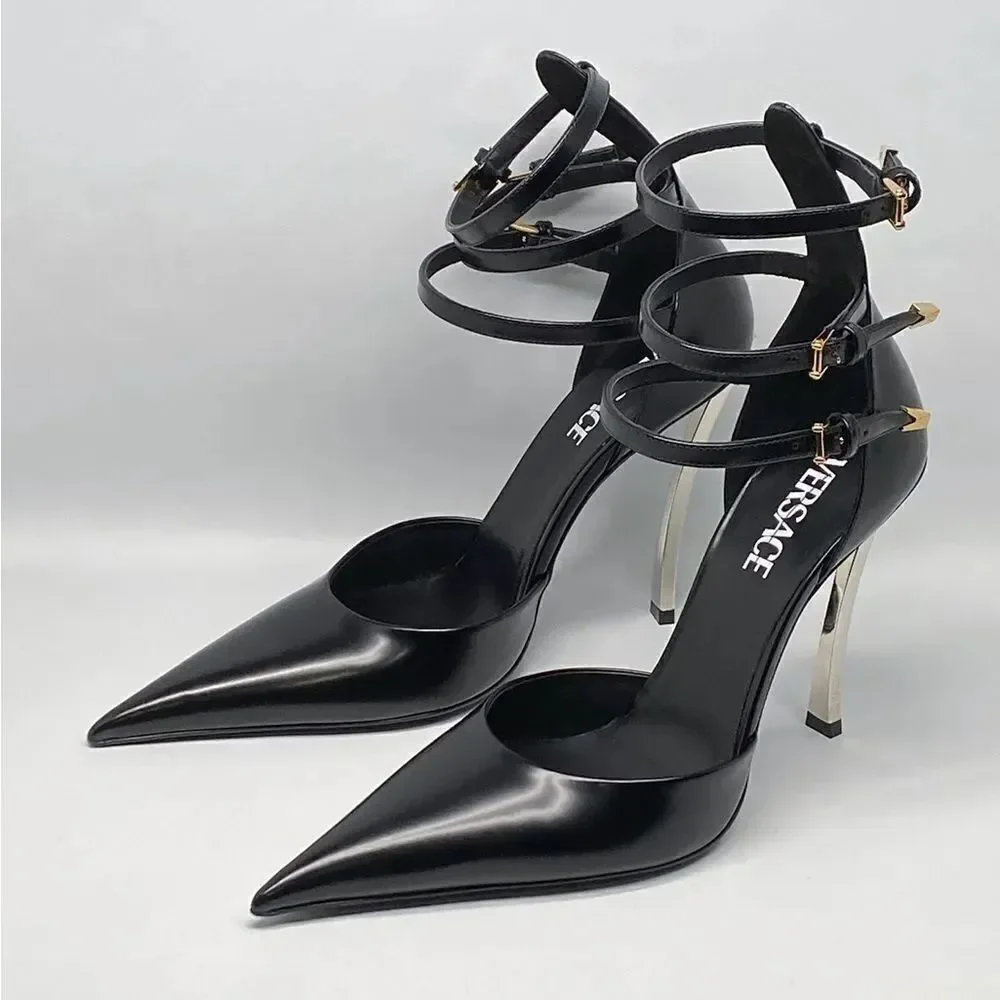 Versace Pin Point Leather Ankle Strap Pumps